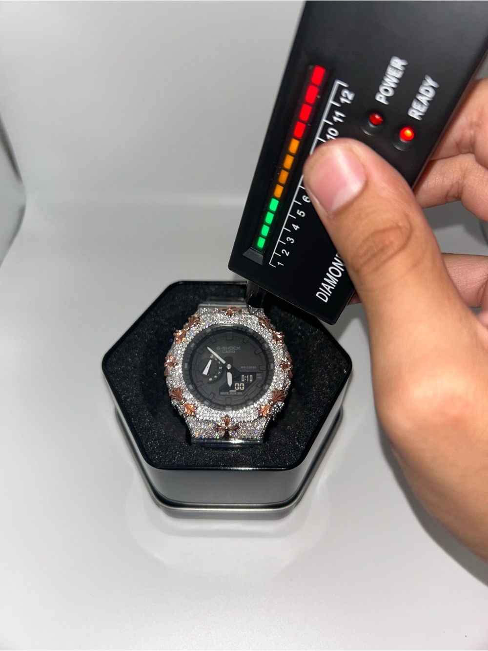 Casio G- Shock GA-2100 Black Dial Watch with Silver & Rose Gold Crystal Accents